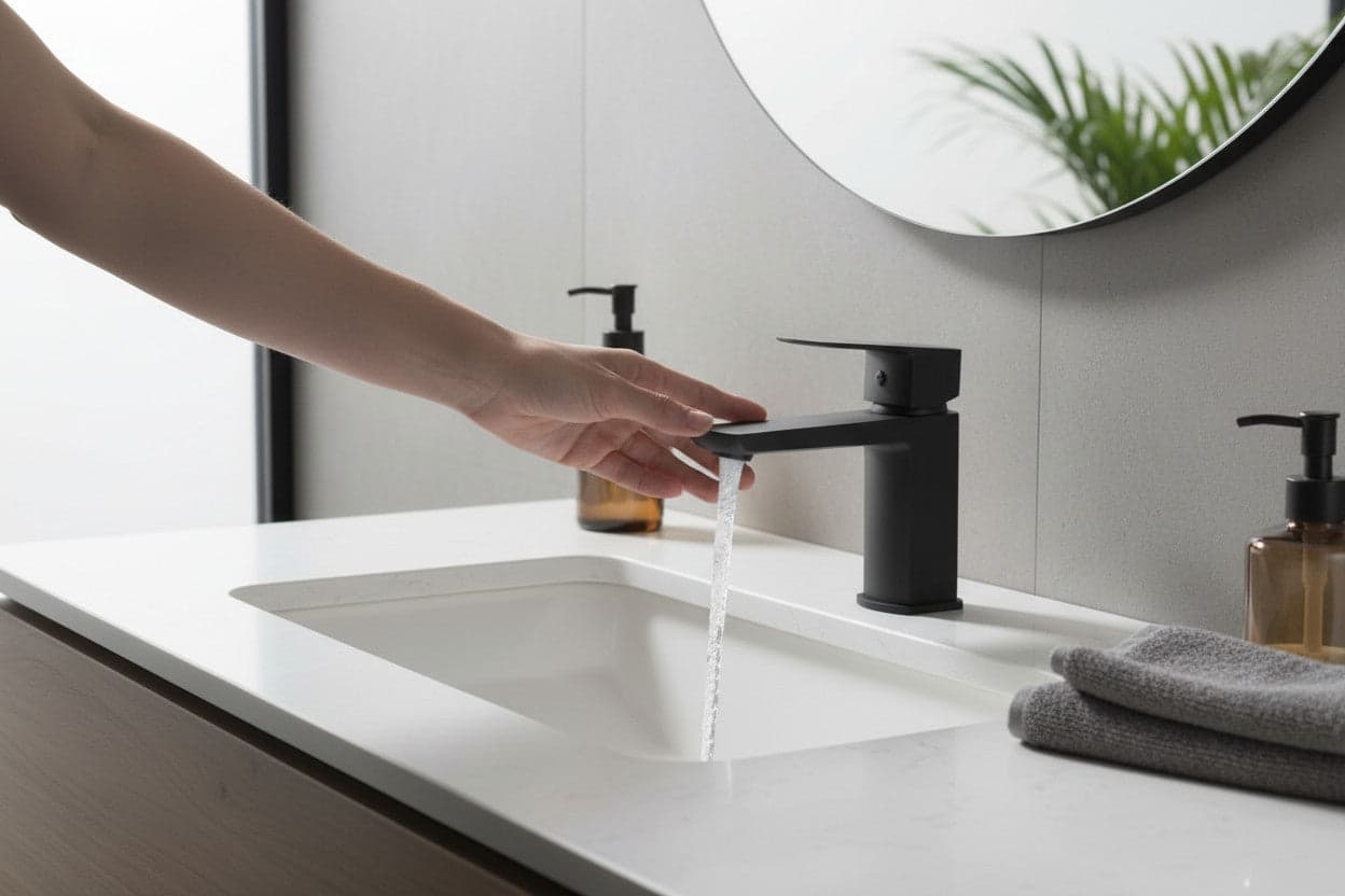 Miscelatore Lavabo Design Minimal Nero Opaco con Piletta Click Clack in Ottone 1”1/4 – Cartuccia Ø35 mm - 2