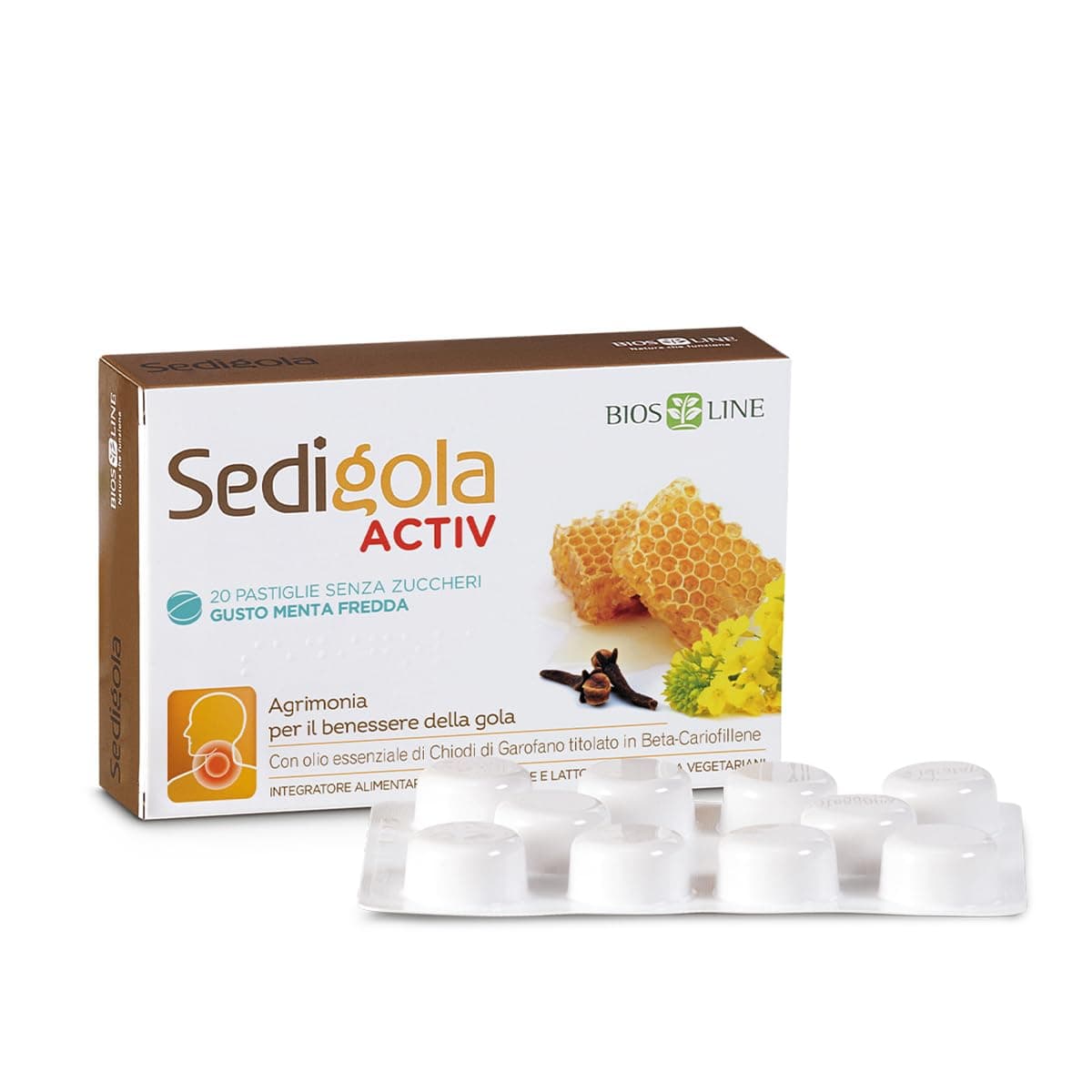 BIOS LINE Sedigola Activ 20 Pastiglie Gusto Menta Fredda, Integratore Alimentare per il Benessere della Gola, con Propoli e Oli Essenziali, Senza Zuccheri