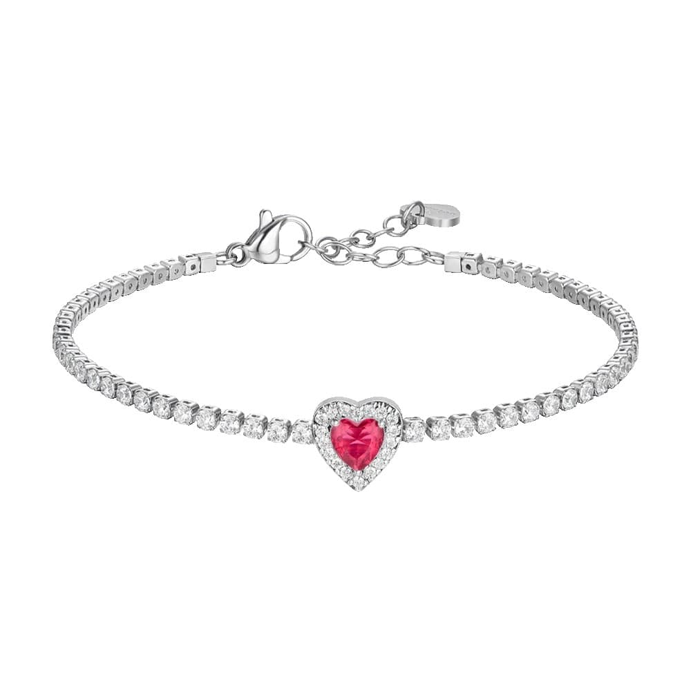 LUCA BARRA  -  BRACCIALE TENNIS DONNA IN ACCIAIO CON CUORE CON ZIRCONI ROSSI E BIANCHI