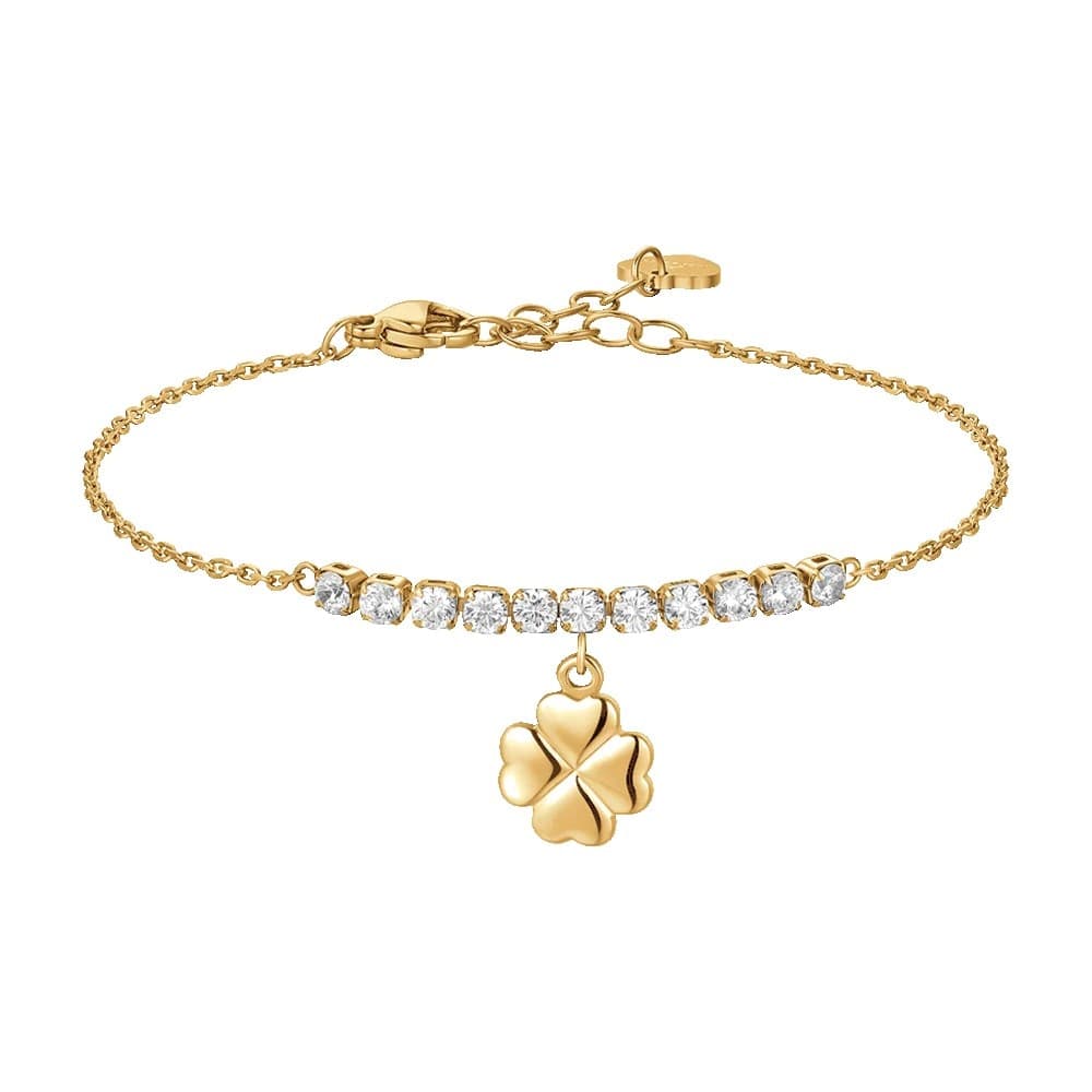 LUCA BARRA  - BRACCIALE DONNA IN ACCIAIO IP GOLD CON QUADRIFOGLIO E ZIRCONI BIANCHI