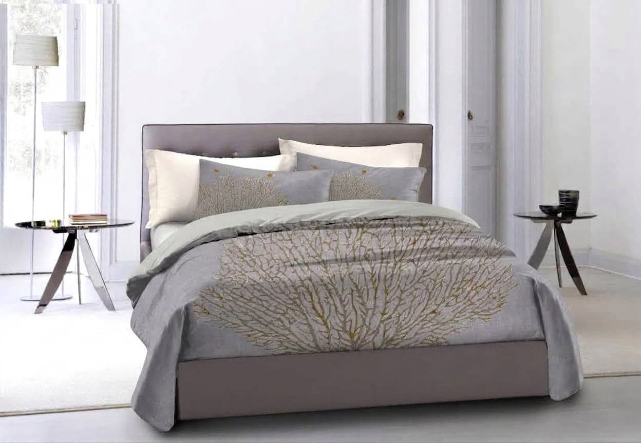 Set Copripiumino Federe Bifaccia Parure Copripiumino stampa digitale 100% Cotone, Made in Italy CORALLI E PESCI OCRA su GRIGIO - 3