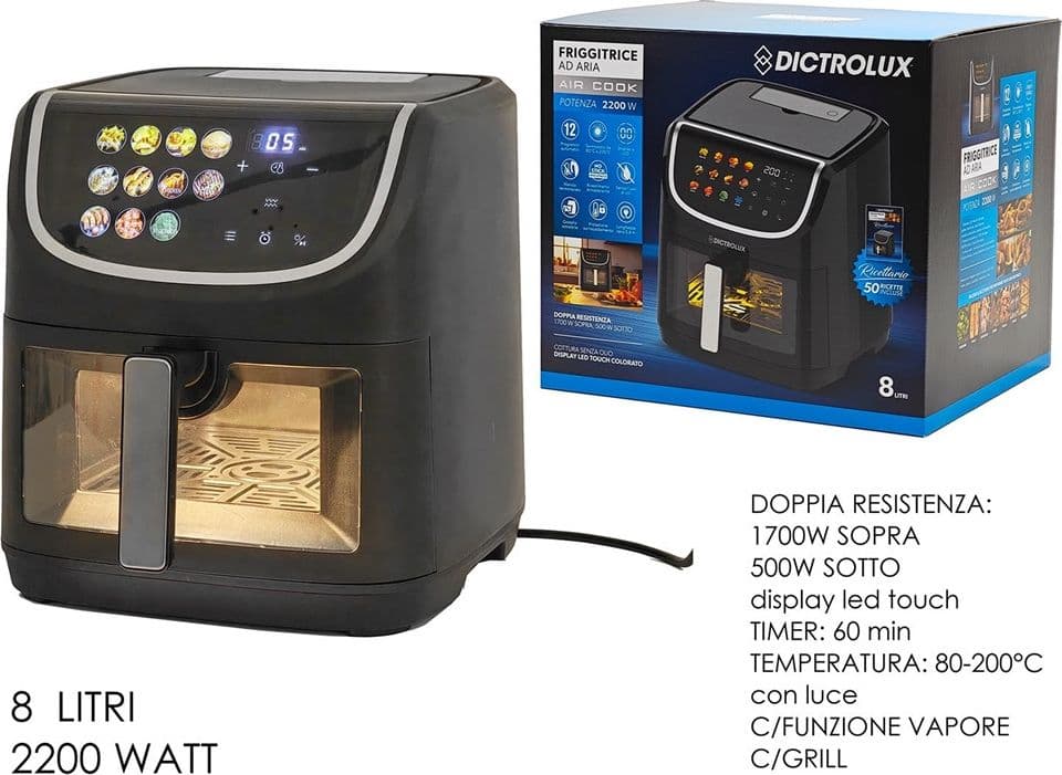 FRIGGITRICE AD ARIA 8LT 2200W FUNZIONE VAPORE GRILL CON LUCE DISPLAY LED DOPPIA RESISTENZA - 2