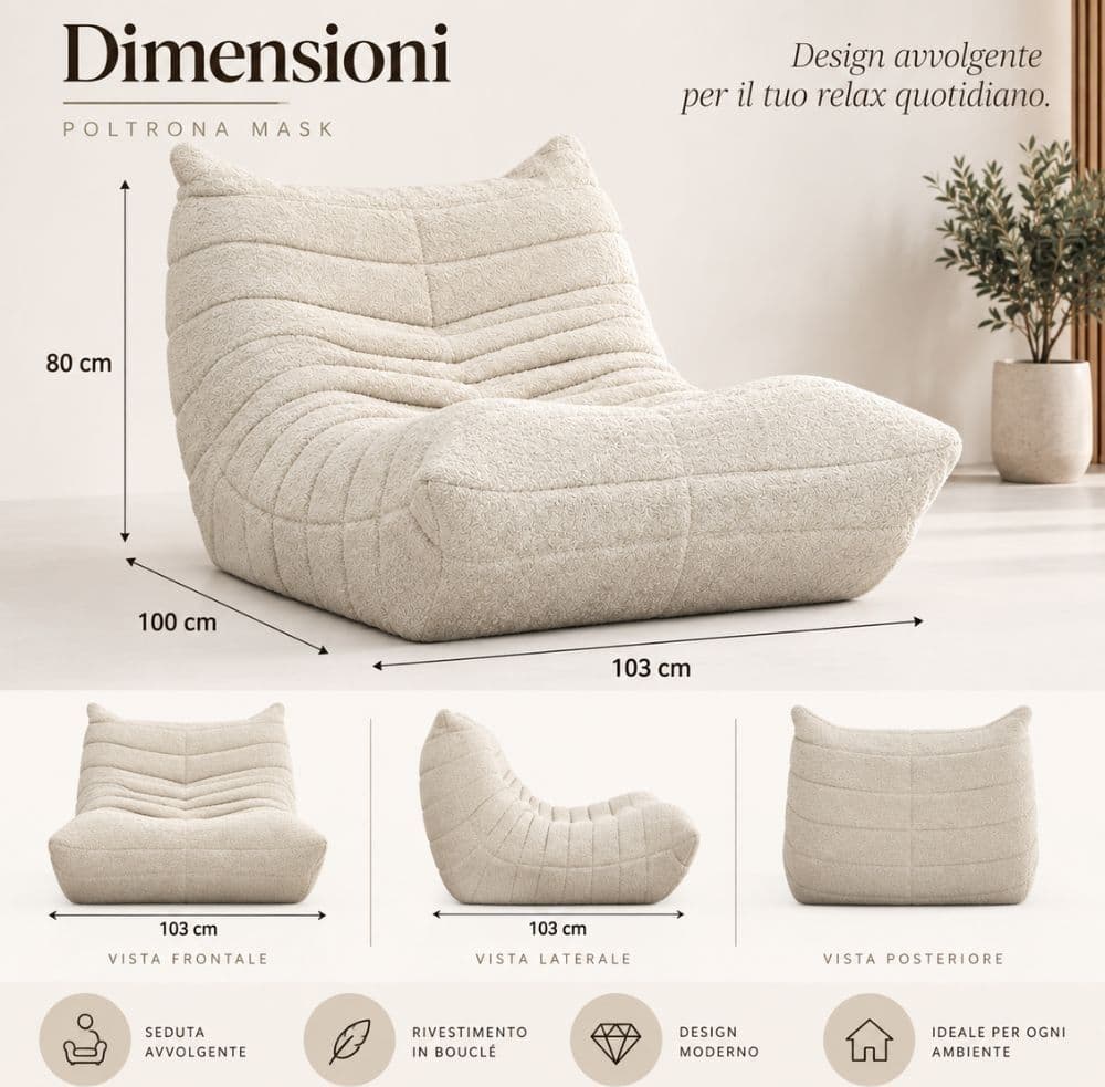 Poltrona Mask in Bouclé Bianco 103 cm - 4