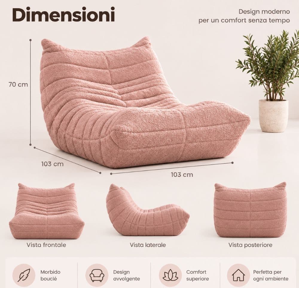 Poltrona Mask in Bouclé Rosa 103 cm - 4