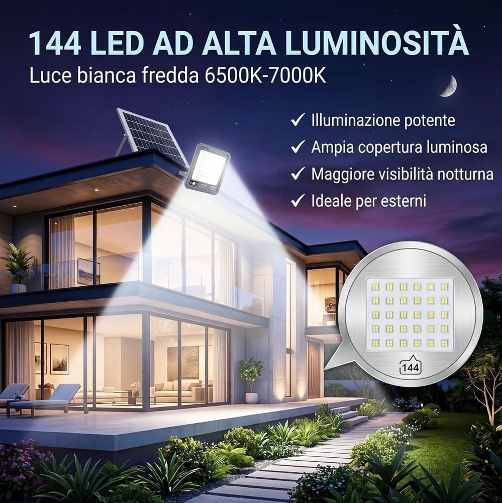 FARO LED 1000W PANNELLO SOLARE 144LED SENSORE MOVIMENTO PIR TELECOMANDO 5400MAH IP66 LE-420 - 2