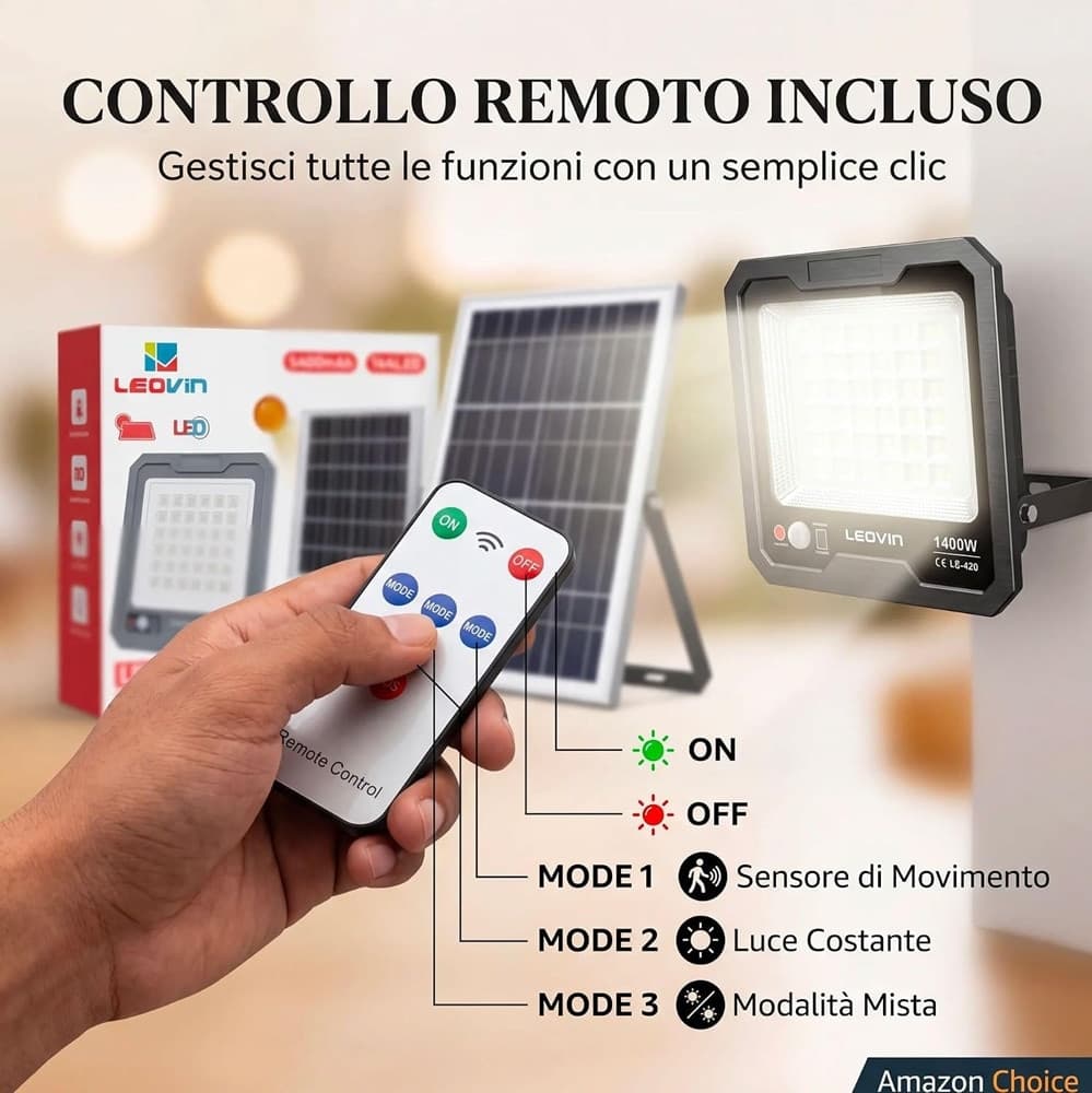 FARO LED 1000W PANNELLO SOLARE 144LED SENSORE MOVIMENTO PIR TELECOMANDO 5400MAH IP66 LE-420 - 3