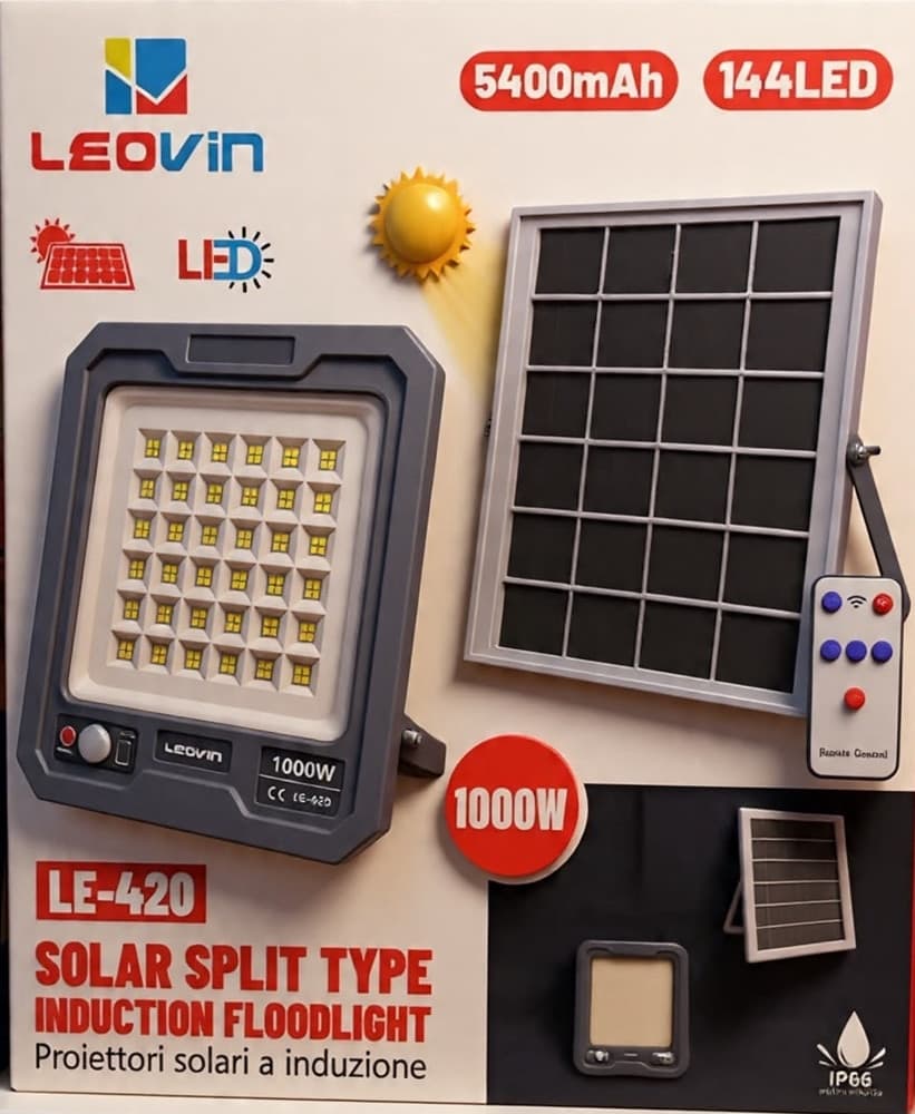 FARO LED 1000W PANNELLO SOLARE 144LED SENSORE MOVIMENTO PIR TELECOMANDO 5400MAH IP66 LE-420 - 7