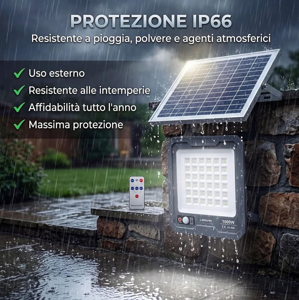 FARO LED 1000W PANNELLO SOLARE 144LED SENSORE MOVIMENTO PIR TELECOMANDO 5400MAH IP66 LE-420 - 8