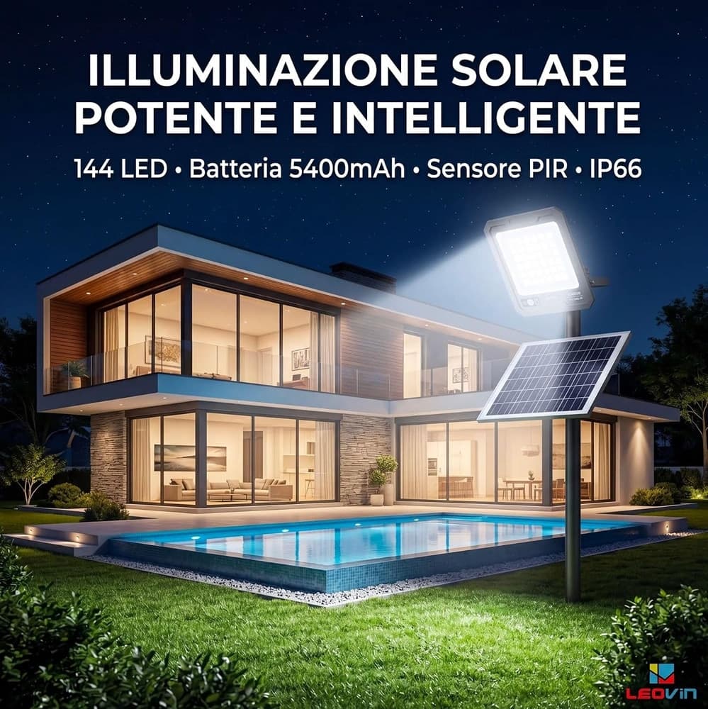 FARO LED 1000W PANNELLO SOLARE 144LED SENSORE MOVIMENTO PIR TELECOMANDO 5400MAH IP66 LE-420 - 9
