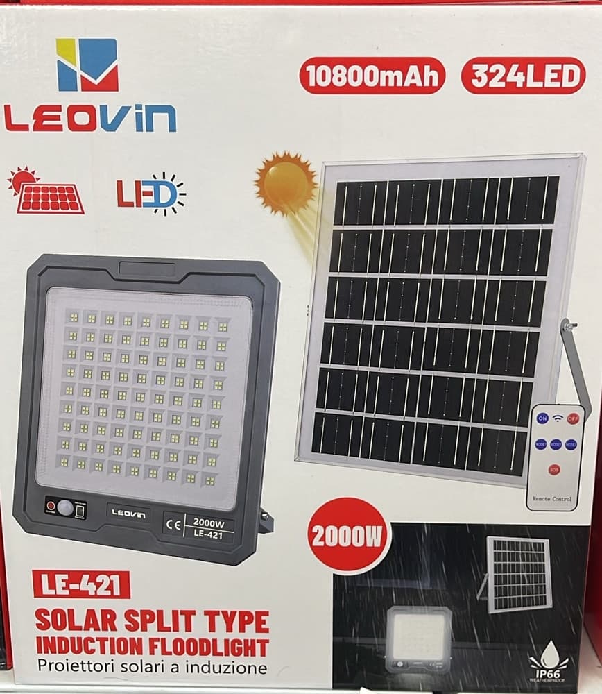 FARO LED 2000W PANNELLO SOLARE 324LED SENSORE MOVIMENTO PIR TELECOMANDO 10800MAH IP66 LE-421 - 2