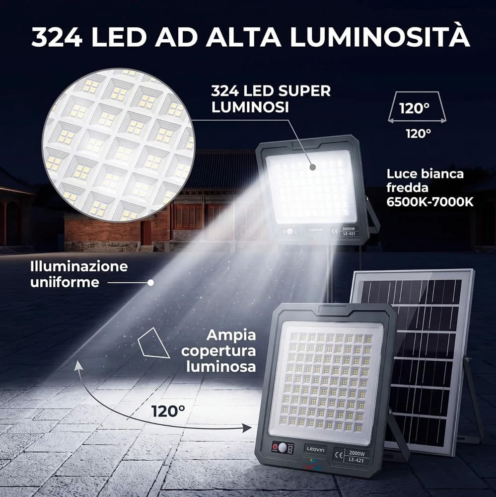 FARO LED 2000W PANNELLO SOLARE 324LED SENSORE MOVIMENTO PIR TELECOMANDO 10800MAH IP66 LE-421 - 4