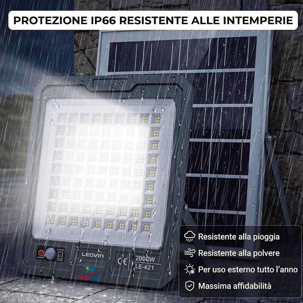 FARO LED 2000W PANNELLO SOLARE 324LED SENSORE MOVIMENTO PIR TELECOMANDO 10800MAH IP66 LE-421 - 6