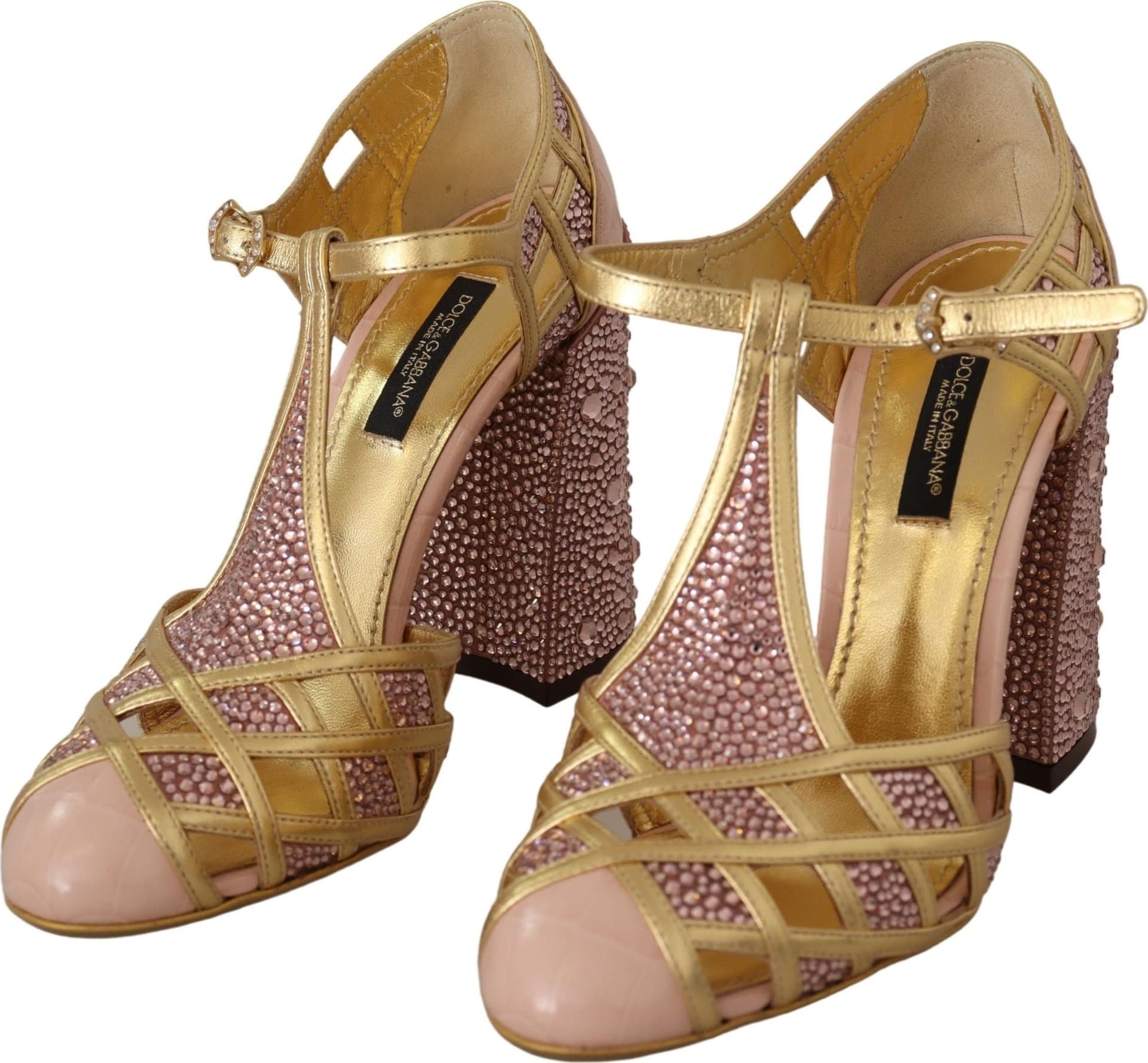 Dolce & Gabbana Pink Gold Leather Crystal Pumps T-strap Shoes - 2