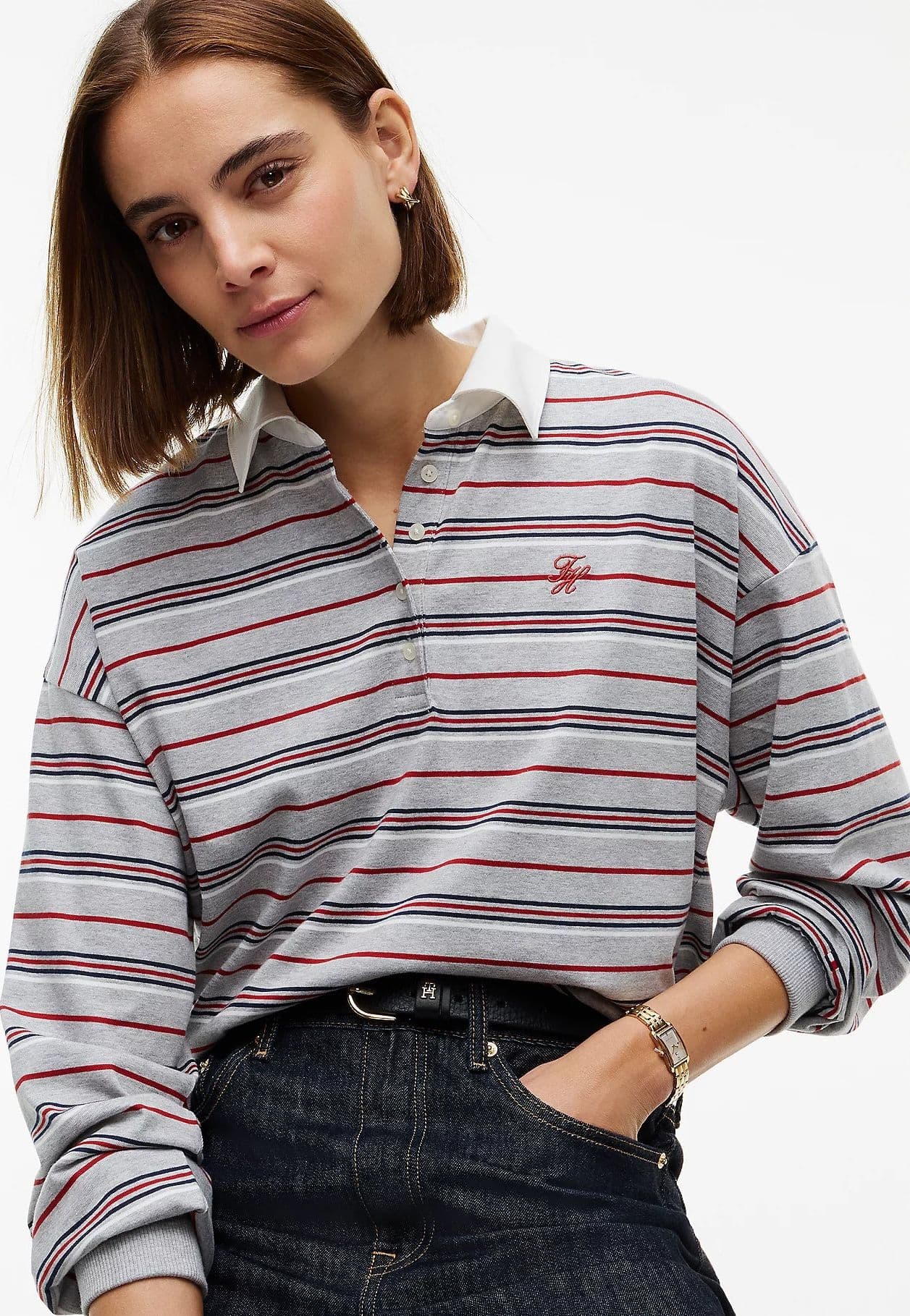 Tommy Hilfiger Felpa Donna stile polo relaxed fit a righe rugby WW0WW516280CS - 3