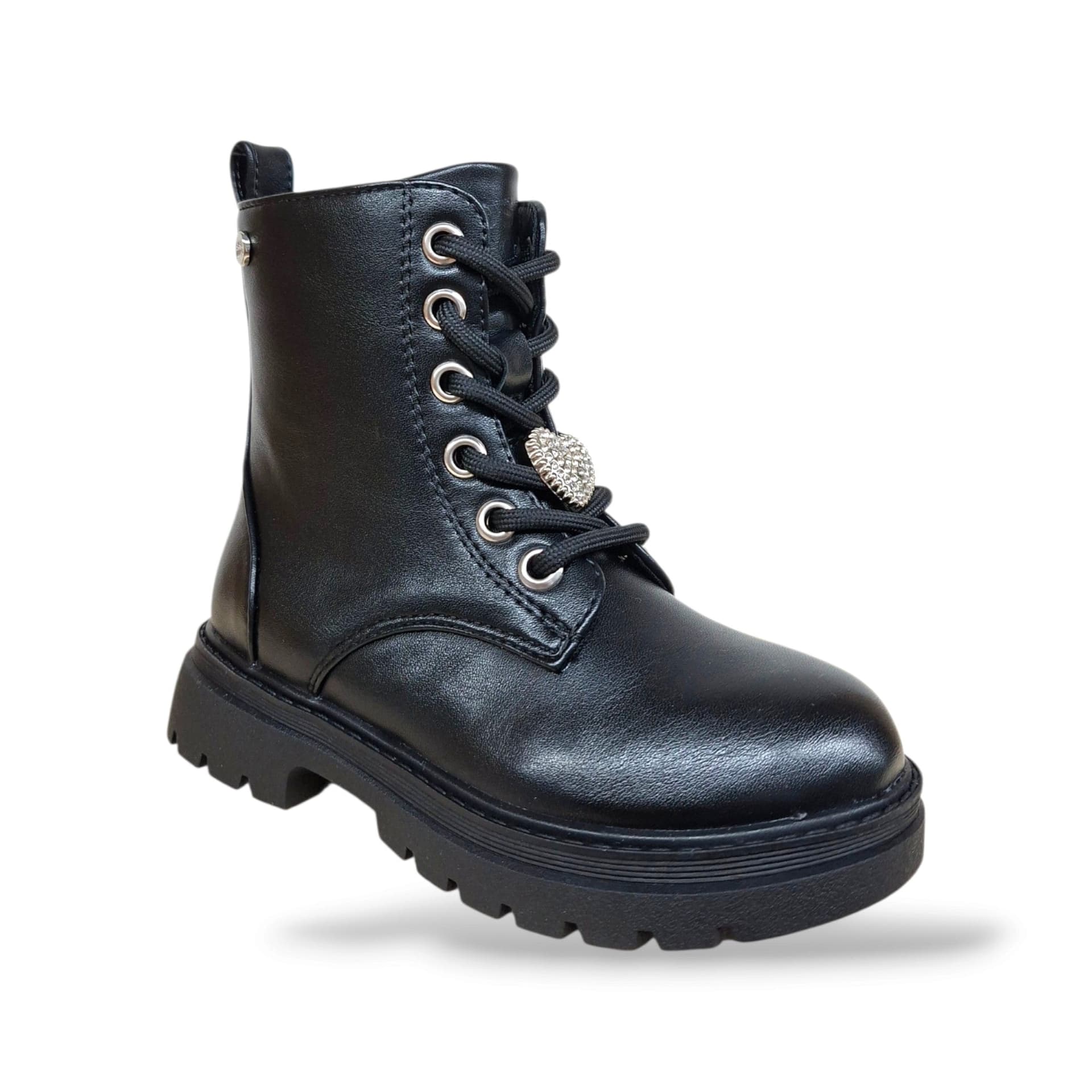 Gioseppo 80992 Anfibio Bambine e Ragazze Nero | Pelle Cuoricino Strass Removibile Lacci Zip Laterale Glam Rock | Taglie 26-31 | Scarpetteria Gica - 2