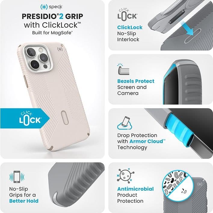 Speck Presidio2 Grip ClickLock e MagSafe - Custodia per iPhone 16 Pro Max (Osso sbiancato / Oro antico / Marrone nocciola) - 3