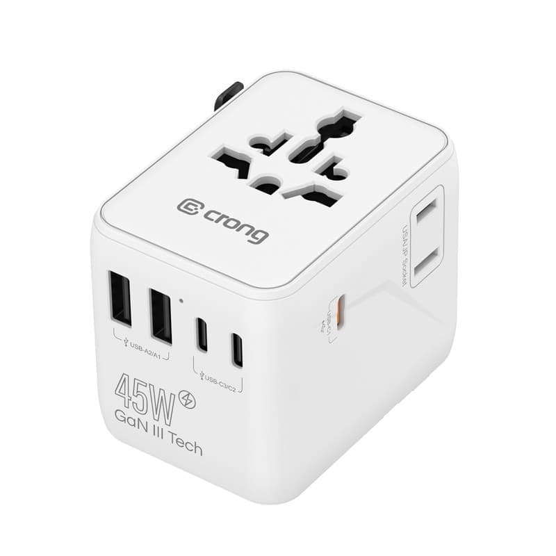 Adattatore da viaggio universale Crong One World – Adattatore da viaggio GaN universale 45W per Regno Unito/UE/USA/AU (bianco) - 2