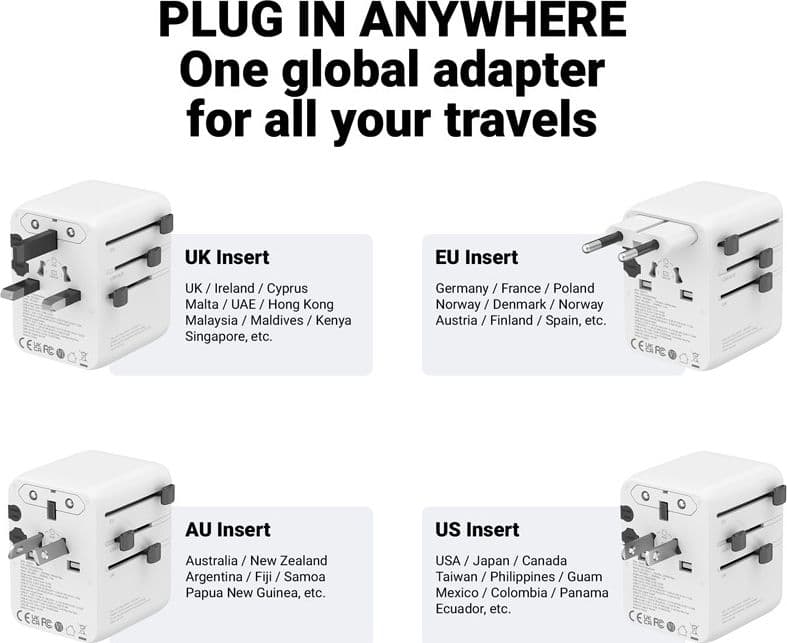 Adattatore da viaggio universale Crong One World – Adattatore da viaggio GaN universale 45W per Regno Unito/UE/USA/AU (bianco) - 5