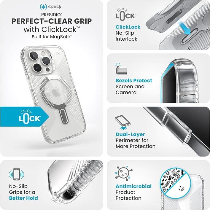 Speck Presidio Perfect-Clear Grip ClickLock e MagSafe - Custodia per iPhone 16 Pro (Trasparente / Finitura cromata / Argento Ser - 3