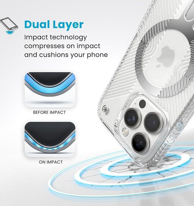 Speck Presidio Perfect-Clear Grip ClickLock e MagSafe - Custodia per iPhone 16 Pro (Trasparente / Finitura cromata / Argento Ser - 4