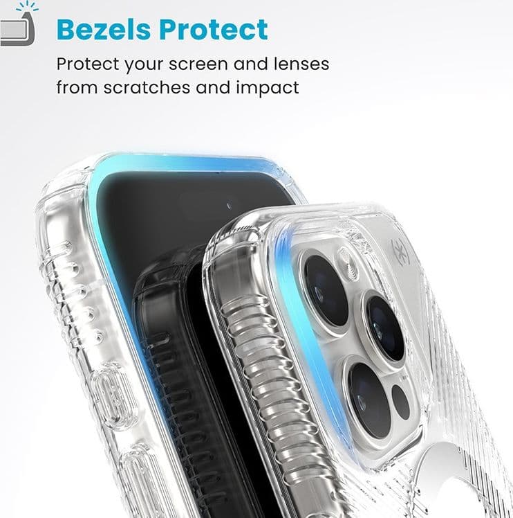 Speck Presidio Perfect-Clear Grip ClickLock e MagSafe - Custodia per iPhone 16 Pro (Trasparente / Finitura cromata / Argento Ser - 6