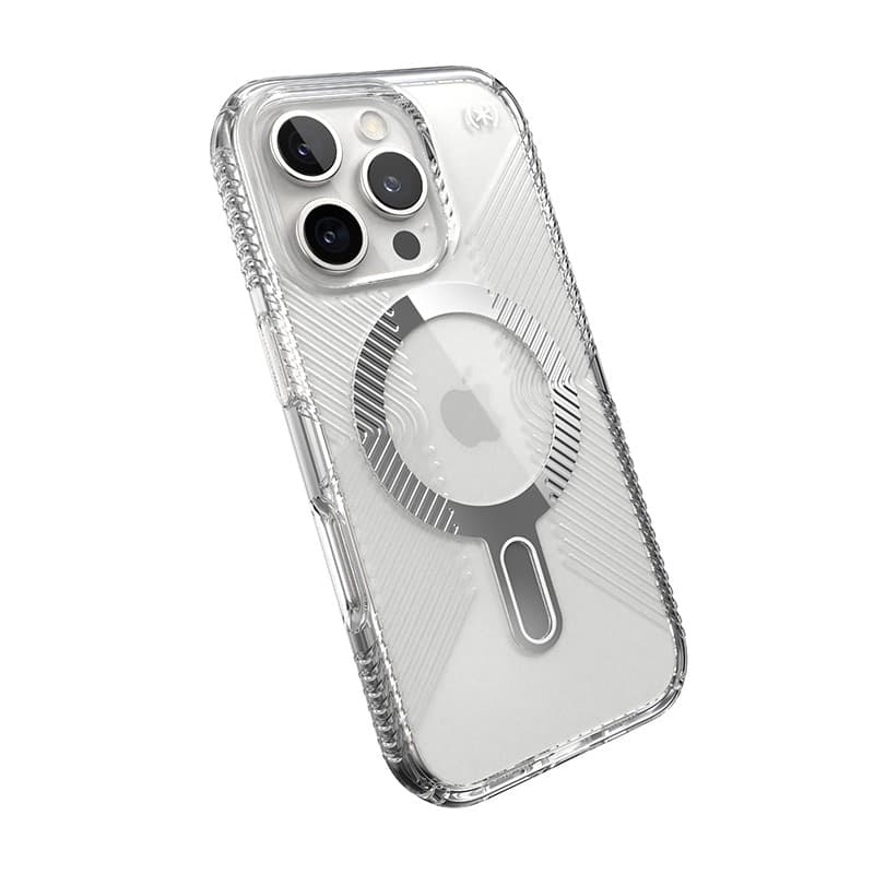 Speck Presidio Perfect-Clear Grip ClickLock e MagSafe - Custodia per iPhone 16 Pro (Trasparente / Finitura cromata / Argento Ser - 8