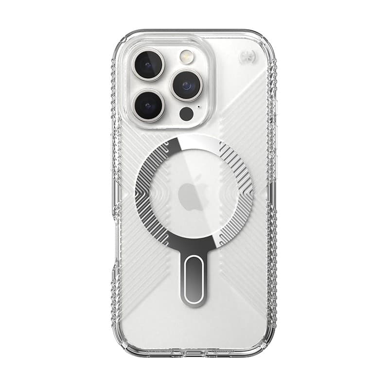 Speck Presidio Perfect-Clear Grip ClickLock e MagSafe - Custodia per iPhone 16 Pro (Trasparente / Finitura cromata / Argento Ser - 9