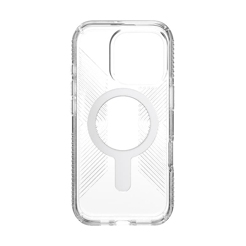 Speck Presidio Perfect-Clear Grip ClickLock e MagSafe - Custodia per iPhone 16 Pro (Trasparente / Finitura cromata / Argento Ser - 10