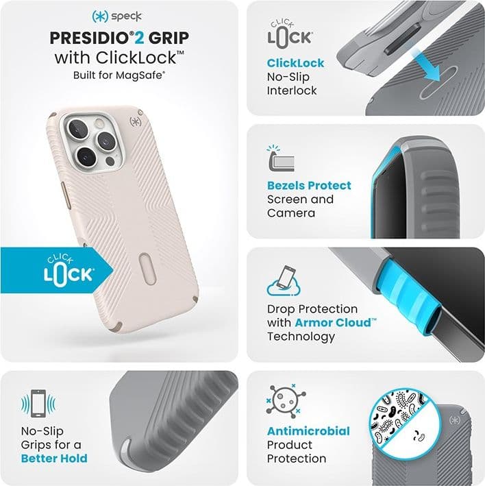 Speck Presidio2 Grip ClickLock e MagSafe - Custodia per iPhone 16 Pro (Osso sbiancato / Oro antico / Marrone nocciola) - 3