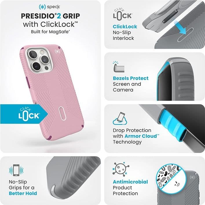 Speck Presidio2 Grip ClickLock & MagSafe - Case for iPhone 16 Pro (Wednesday Pink / Boysenberry Purple / White) - 3
