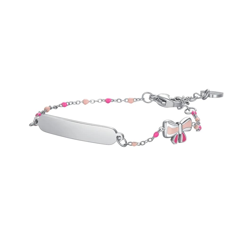 LUCA BARRA - BRACCIALE IN ACCIAIO, PIASTRA E FIOCCO CON SMALTO ROSA E FUSCIA E PIETRE COLORAT