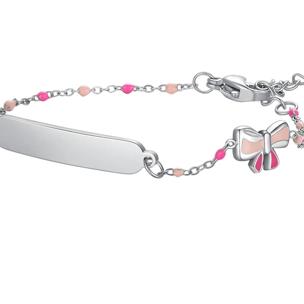 LUCA BARRA - BRACCIALE IN ACCIAIO, PIASTRA E FIOCCO CON SMALTO ROSA E FUSCIA E PIETRE COLORAT - 2
