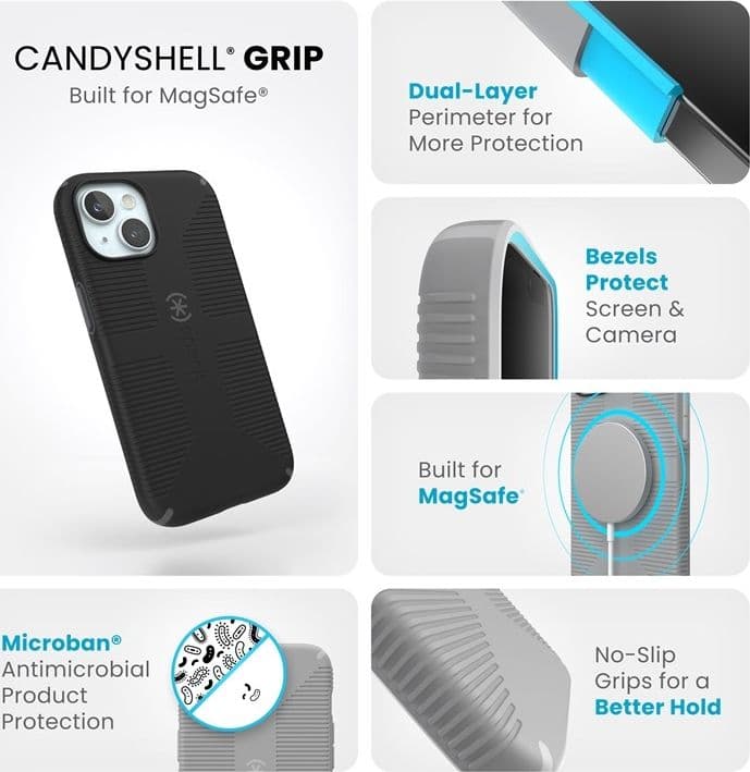 Speck Candyshell Grip MagSafe - Custodia per iPhone 17e / 16e / 15 / 14 / 13 (Nero / Grigio Ardesia) - 5