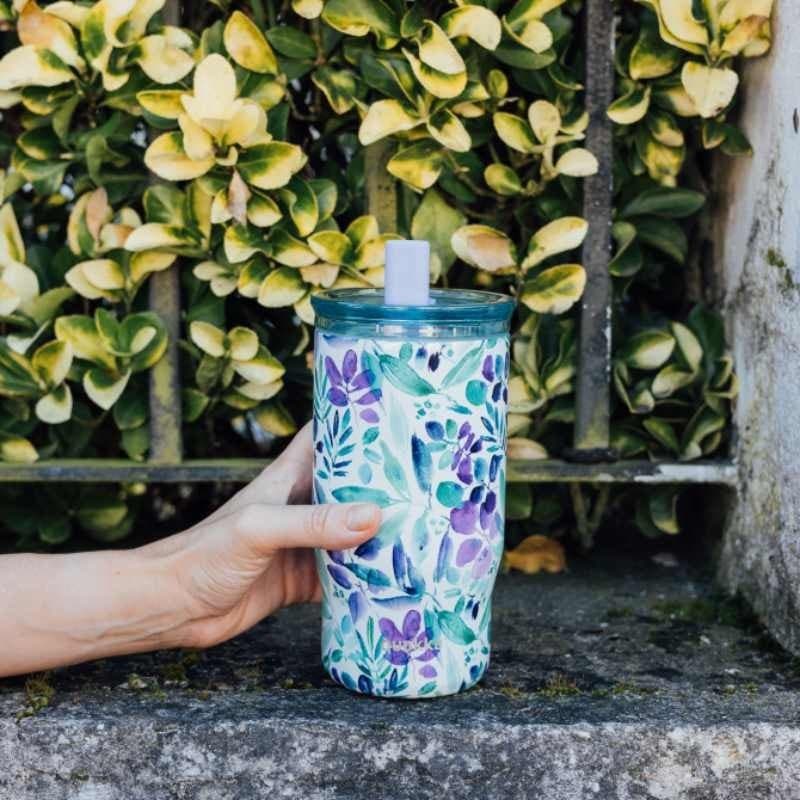 Quokka Mist - Tazza termica in acciaio inox da 720 ml con cannuccia (Violet Blooms) - 3