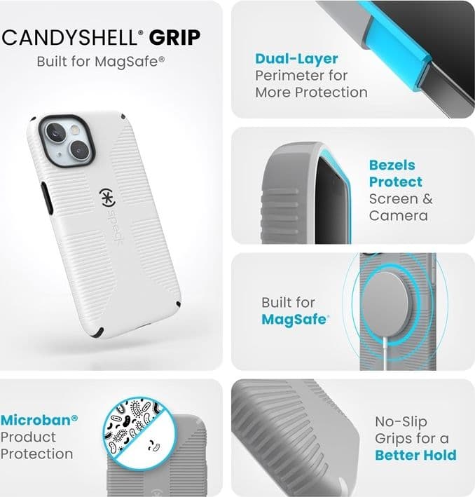 Speck Candyshell Grip MagSafe - Custodia per iPhone 17e / 16e / 15 / 14 / 13 (bianco / nero) - 5
