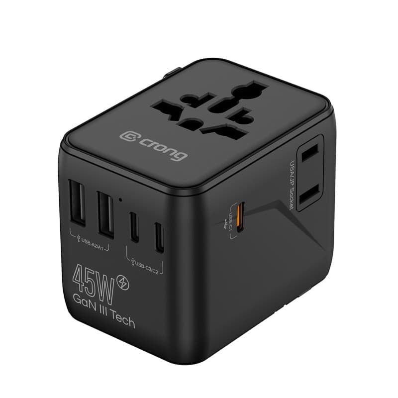 Adattatore da viaggio universale Crong One World – Adattatore da viaggio GaN universale 45W per Regno Unito/UE/USA/AU (nero) - 2