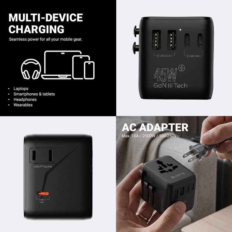 Adattatore da viaggio universale Crong One World – Adattatore da viaggio GaN universale 45W per Regno Unito/UE/USA/AU (nero) - 4