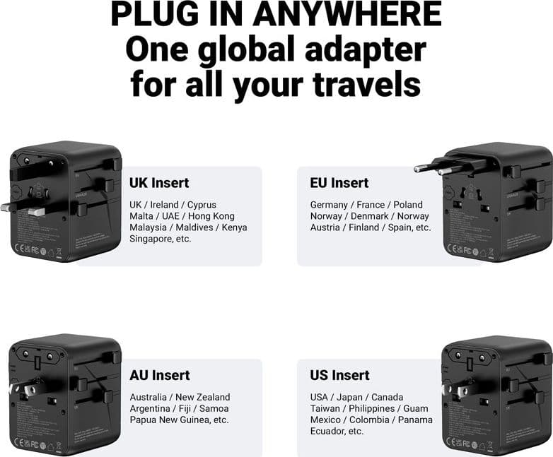 Adattatore da viaggio universale Crong One World – Adattatore da viaggio GaN universale 45W per Regno Unito/UE/USA/AU (nero) - 5