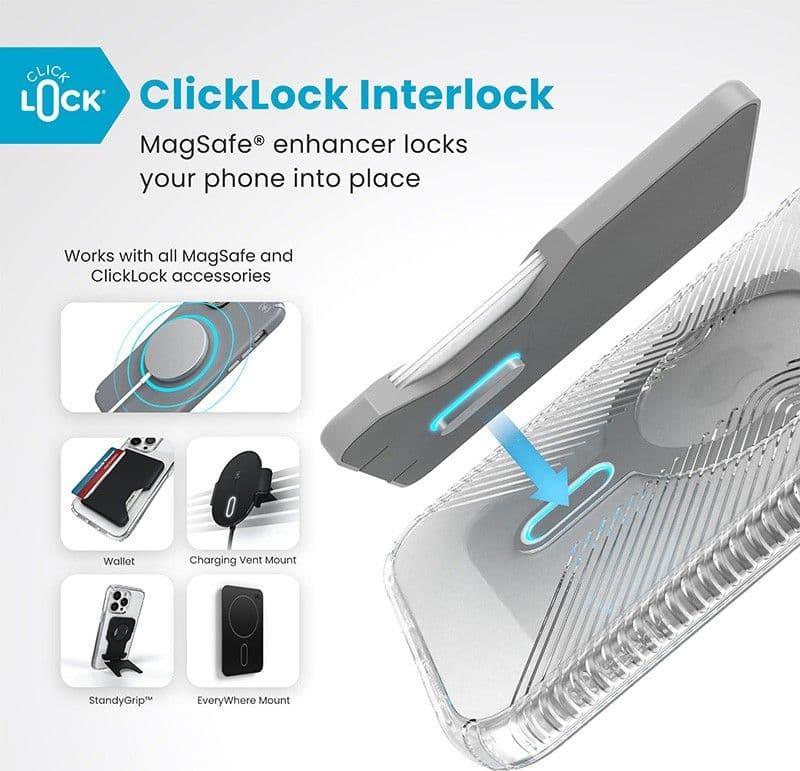 Speck Presidio Perfect-Clear Grip ClickLock e MagSafe - Custodia per iPhone 16 Plus (Trasparente / Finitura cromata / Argento Se - 2