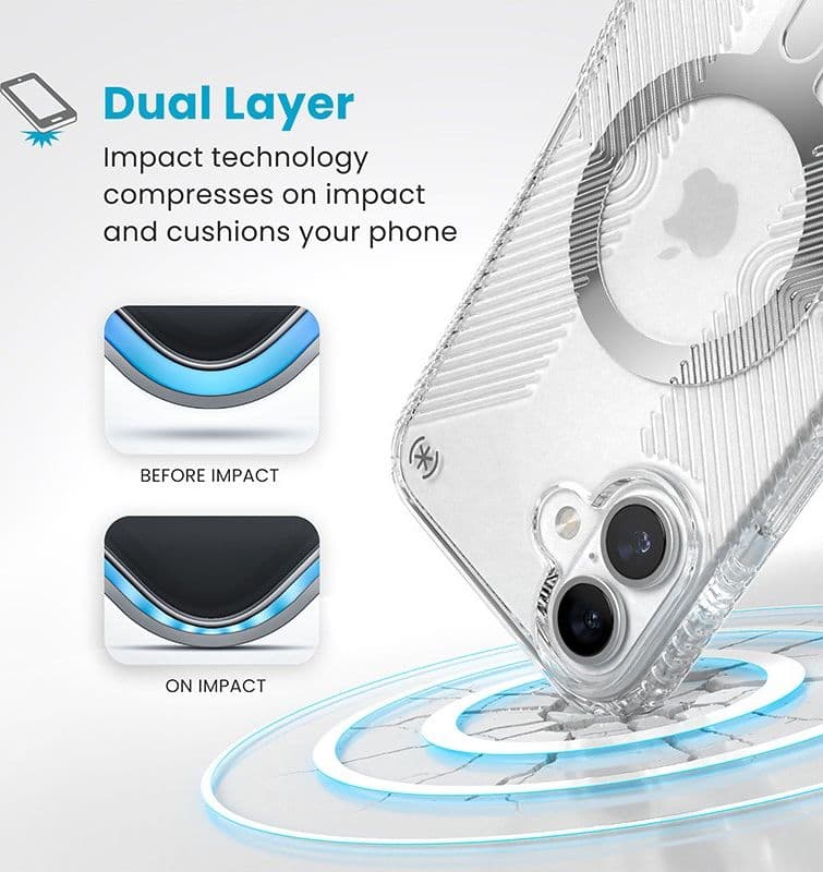 Speck Presidio Perfect-Clear Grip ClickLock e MagSafe - Custodia per iPhone 16 Plus (Trasparente / Finitura cromata / Argento Se - 4