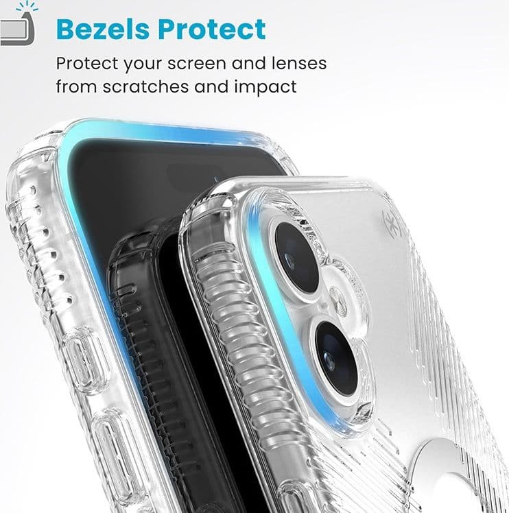 Speck Presidio Perfect-Clear Grip ClickLock e MagSafe - Custodia per iPhone 16 Plus (Trasparente / Finitura cromata / Argento Se - 6