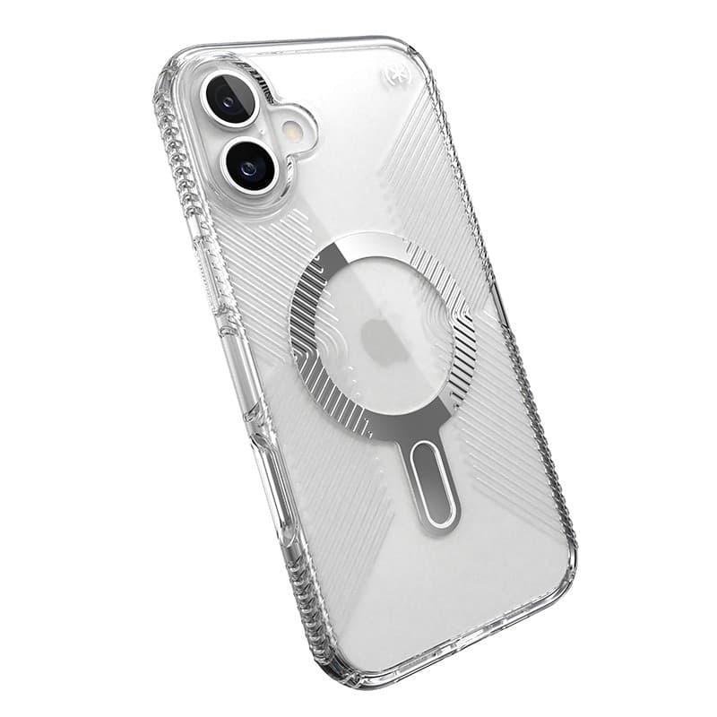 Speck Presidio Perfect-Clear Grip ClickLock e MagSafe - Custodia per iPhone 16 Plus (Trasparente / Finitura cromata / Argento Se - 8