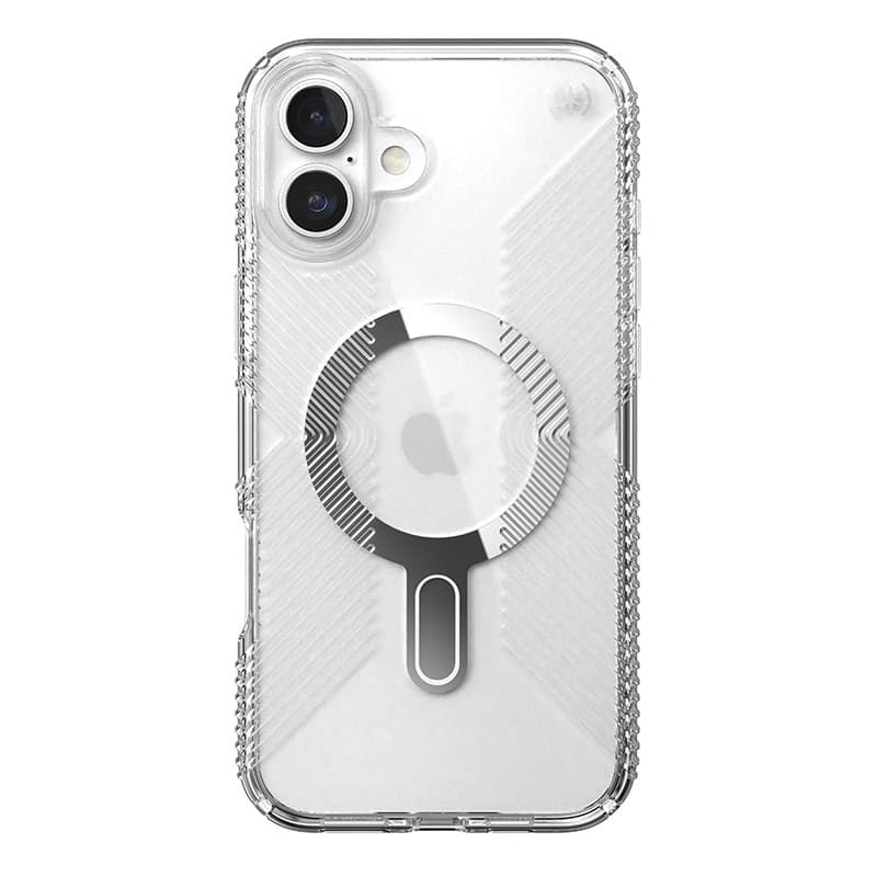 Speck Presidio Perfect-Clear Grip ClickLock e MagSafe - Custodia per iPhone 16 Plus (Trasparente / Finitura cromata / Argento Se - 9