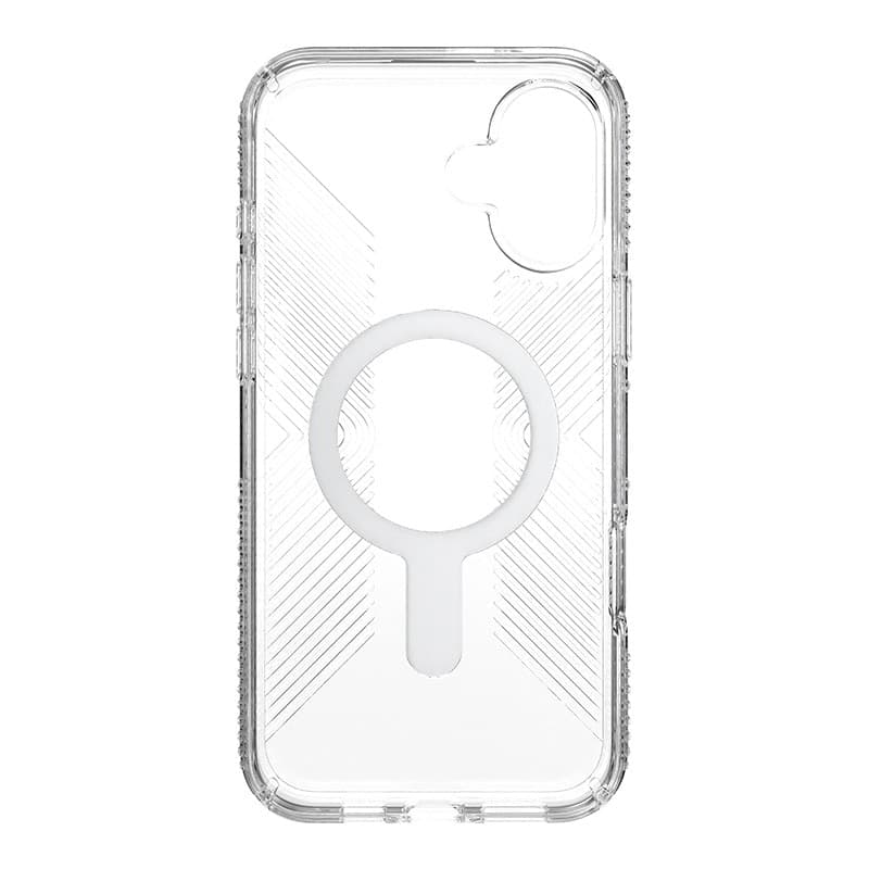 Speck Presidio Perfect-Clear Grip ClickLock e MagSafe - Custodia per iPhone 16 Plus (Trasparente / Finitura cromata / Argento Se - 10
