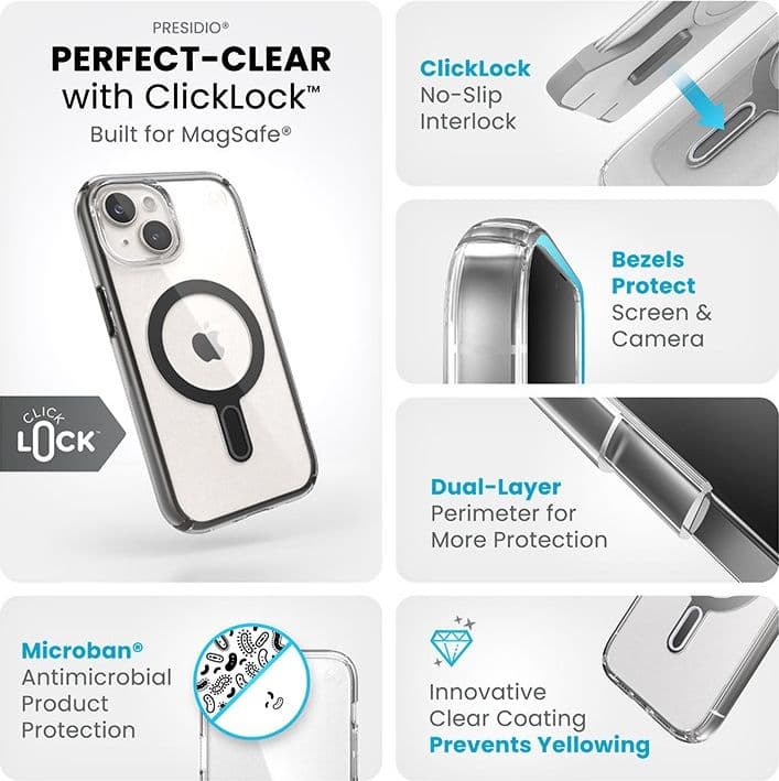Speck Presidio Perfect-Clear ClickLock & MagSafe - Custodia per iPhone 16e / iPhone 15 / iPhone 14 / iPhone 13 (Trasparente / Ne - 4