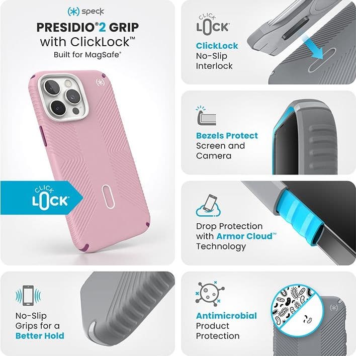 Speck Presidio2 Grip ClickLock & MagSafe - Case for iPhone 16 Pro Max (Wednesday Pink / Boysenberry Purple / White) - 3