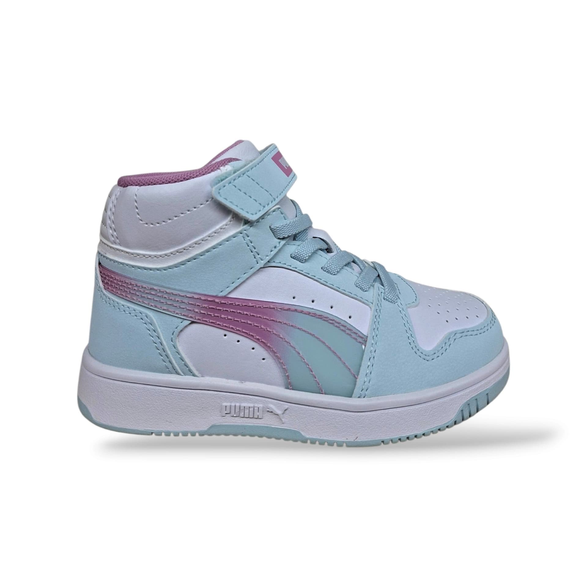 Puma Rebound 408373 Sneakers Alte Bambine e Ragazze Bianco Celeste Rosa | Pelle Laccio Elastico Velcro Basket Style Pastel | Taglie 28-35 | Scarpetteria Gica