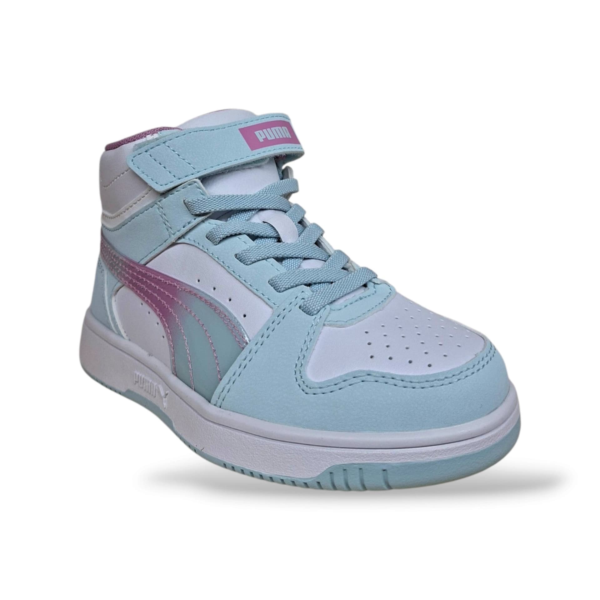 Puma Rebound 408373 Sneakers Alte Bambine e Ragazze Bianco Celeste Rosa | Pelle Laccio Elastico Velcro Basket Style Pastel | Taglie 28-35 | Scarpetteria Gica - 2