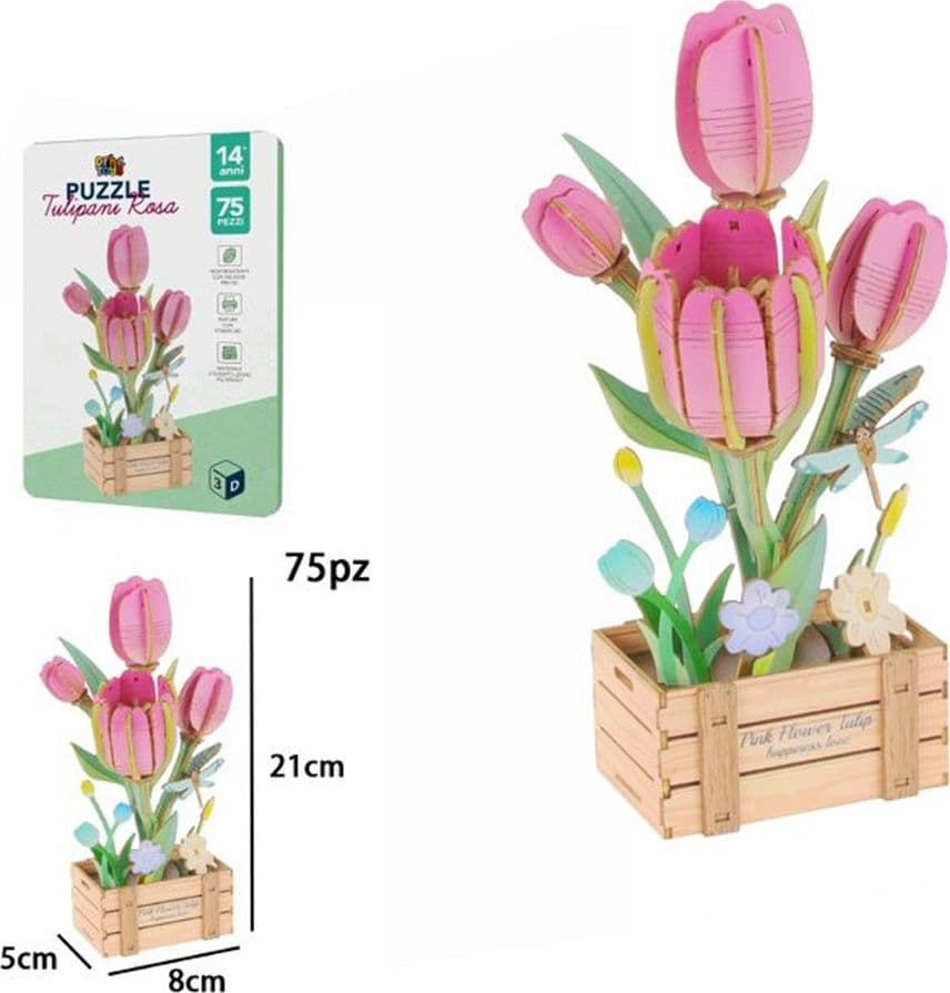 PUZZLE 3D MODELLINO GIOCATTOLO IN LEGNO 75PZ DA ASSEMBLARE MODELLO TULIPANO ROSA 32387 - 2