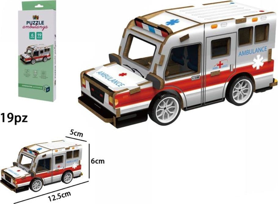 PUZZLE 3D MODELLINO GIOCATTOLO IN LEGNO DA 19 PZ DA ASSEMBLARE MODELLO AMBULANZA 32385 - 2